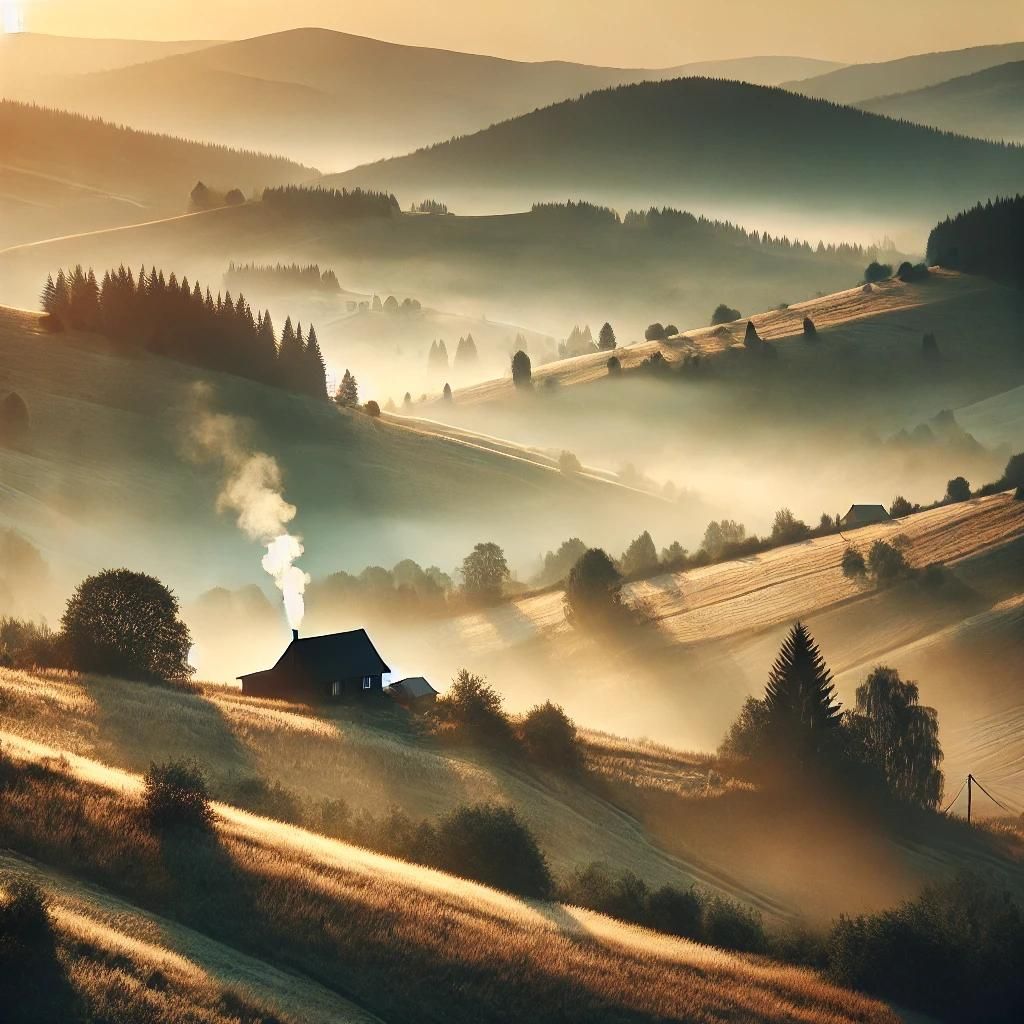 A peaceful countryside in the early morning, with mist covering the rolling hills and a cottage adding a cozy touch