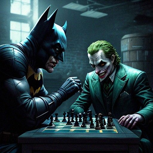 Batman and the joker playing chess in Arkham, the inmates or patients are cheering in the background