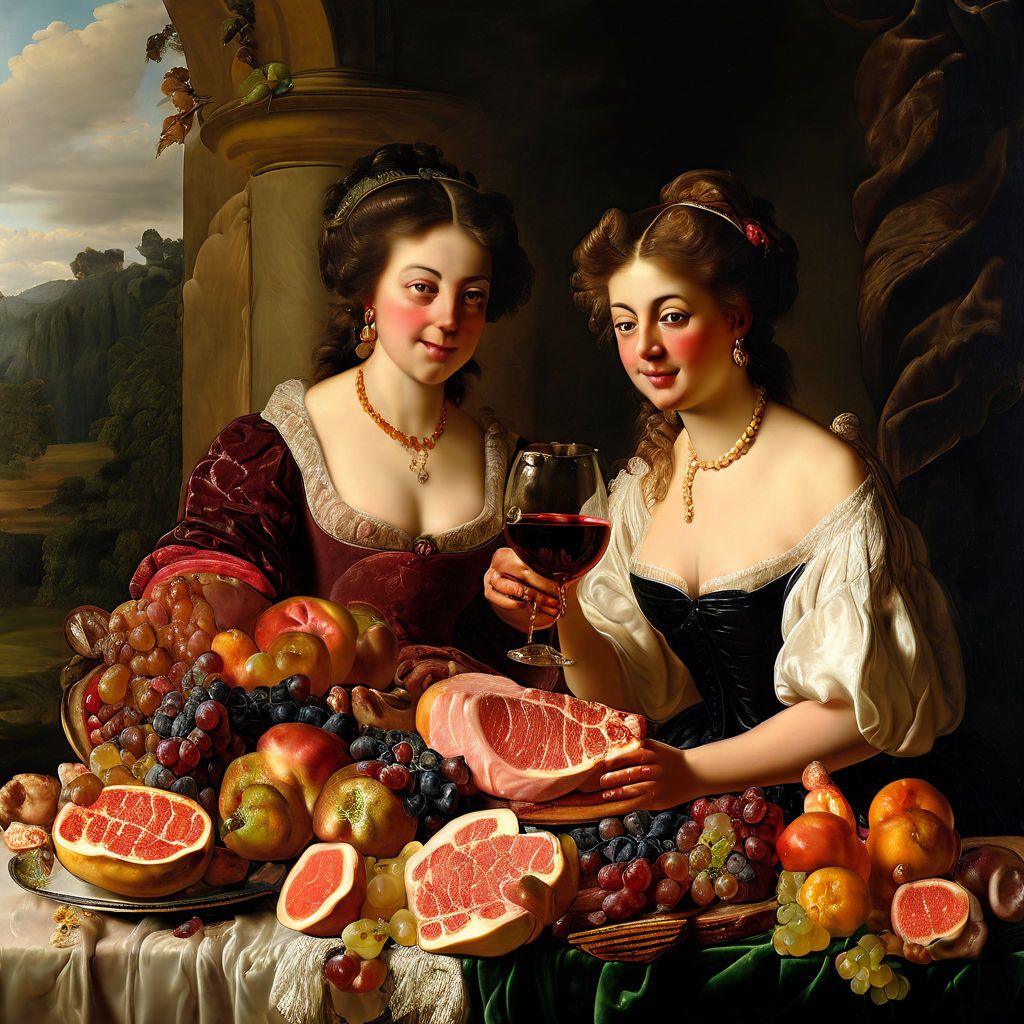 women-eating-ham-fruit-and-wine