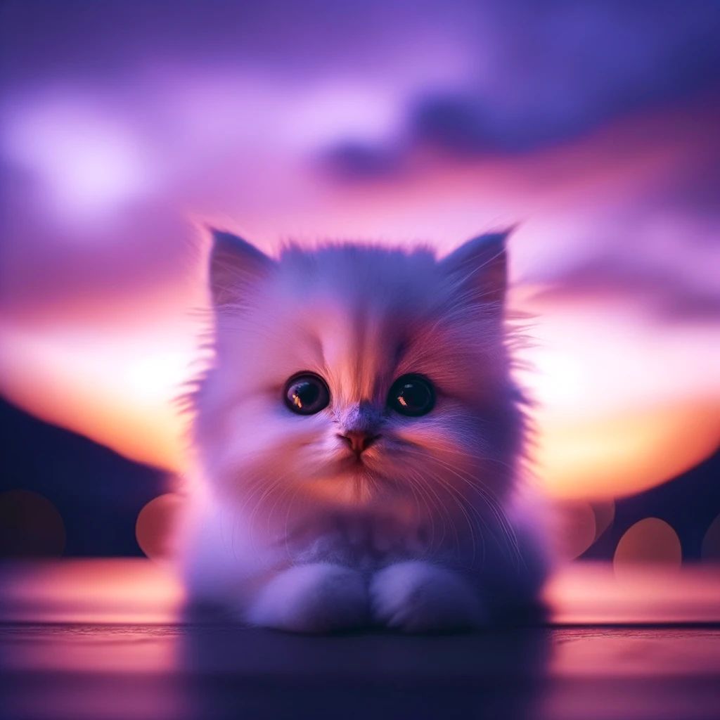 DALL·E 2024-06-02 15.46.00 - A white kitten with soft fur, captured in twilight lighting. The background features a serene, dusk sky with hues of purple and orange, creating a war