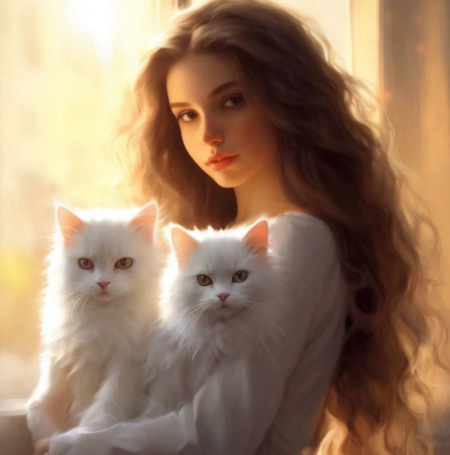 Girl with two white cats