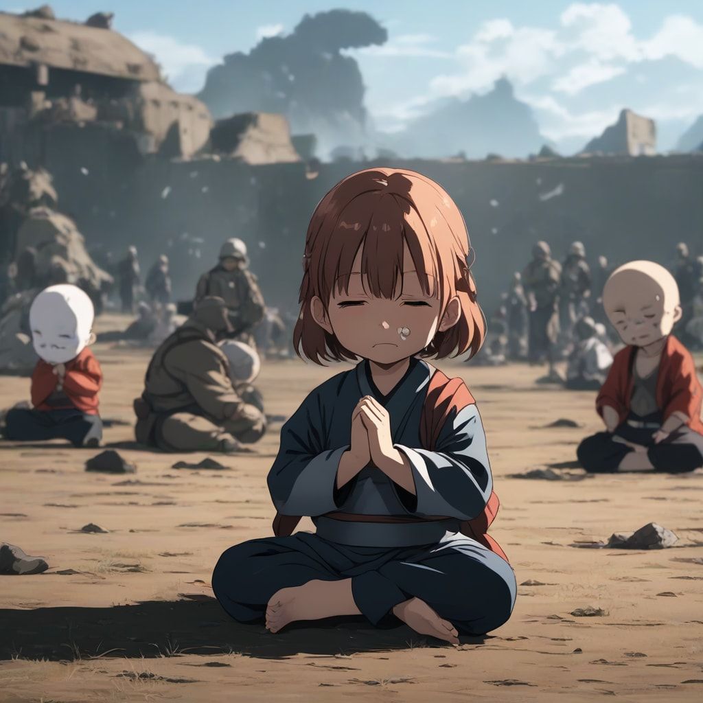 child praying for peace on the battlefield