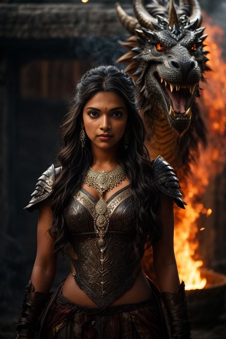 [full body]A fierce indian princess in a warrior armor-like dress, her dark brown hair with a hint of blonde on her bangs cascading down the side of her face and shoulders,a dragon in the back ground with fire.