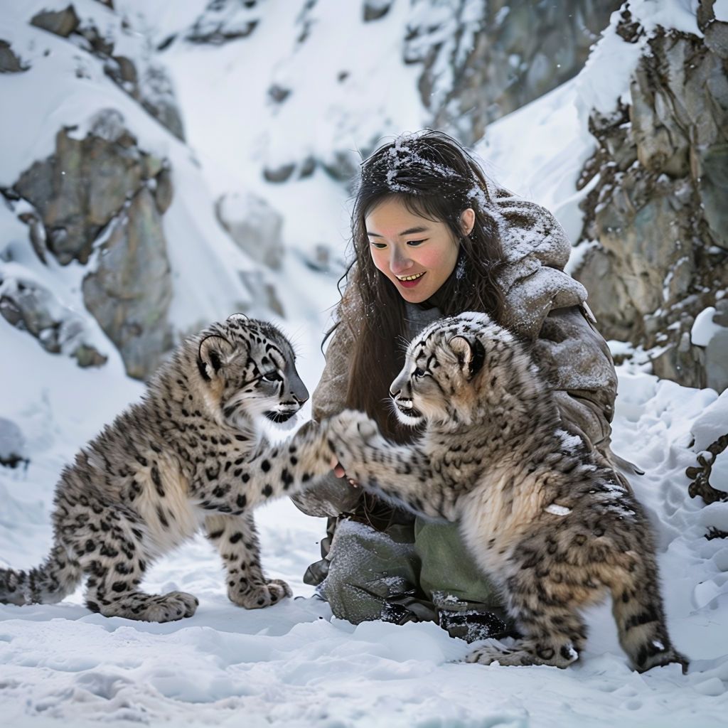 young_woman _and_snow_leopard_cubs