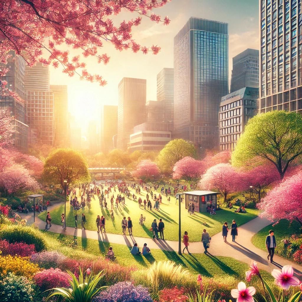 A vibrant city park in spring, filled with blooming cherry blossoms and lively activity