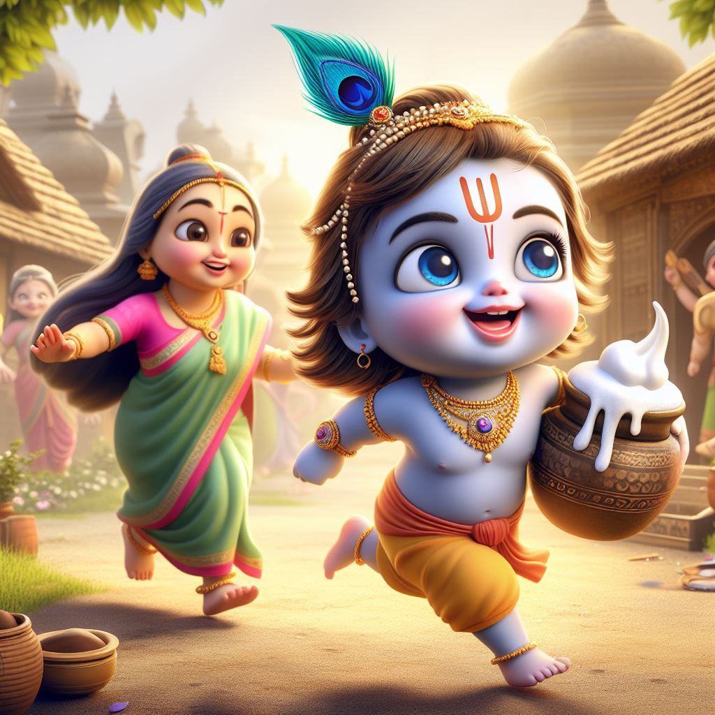 Baby Krishna Running with Makhana Misri Pot by Chasing His Mother