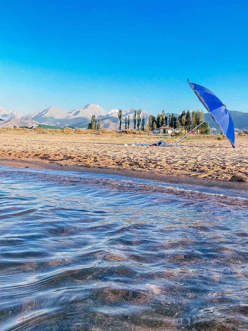 sandy beach on a warm lake