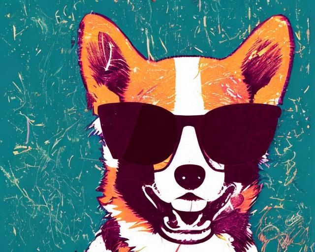 Portrait of cute corgi dog, wearing sunglasses, cartoon style, minimalist illustration