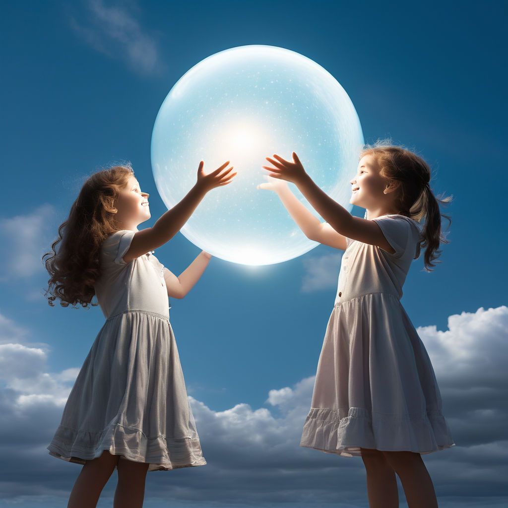 a-light-blue-round-ball-is-floating-high-in-the-sky-two-girls-are-supporting-a-round-ball-in-the-sk