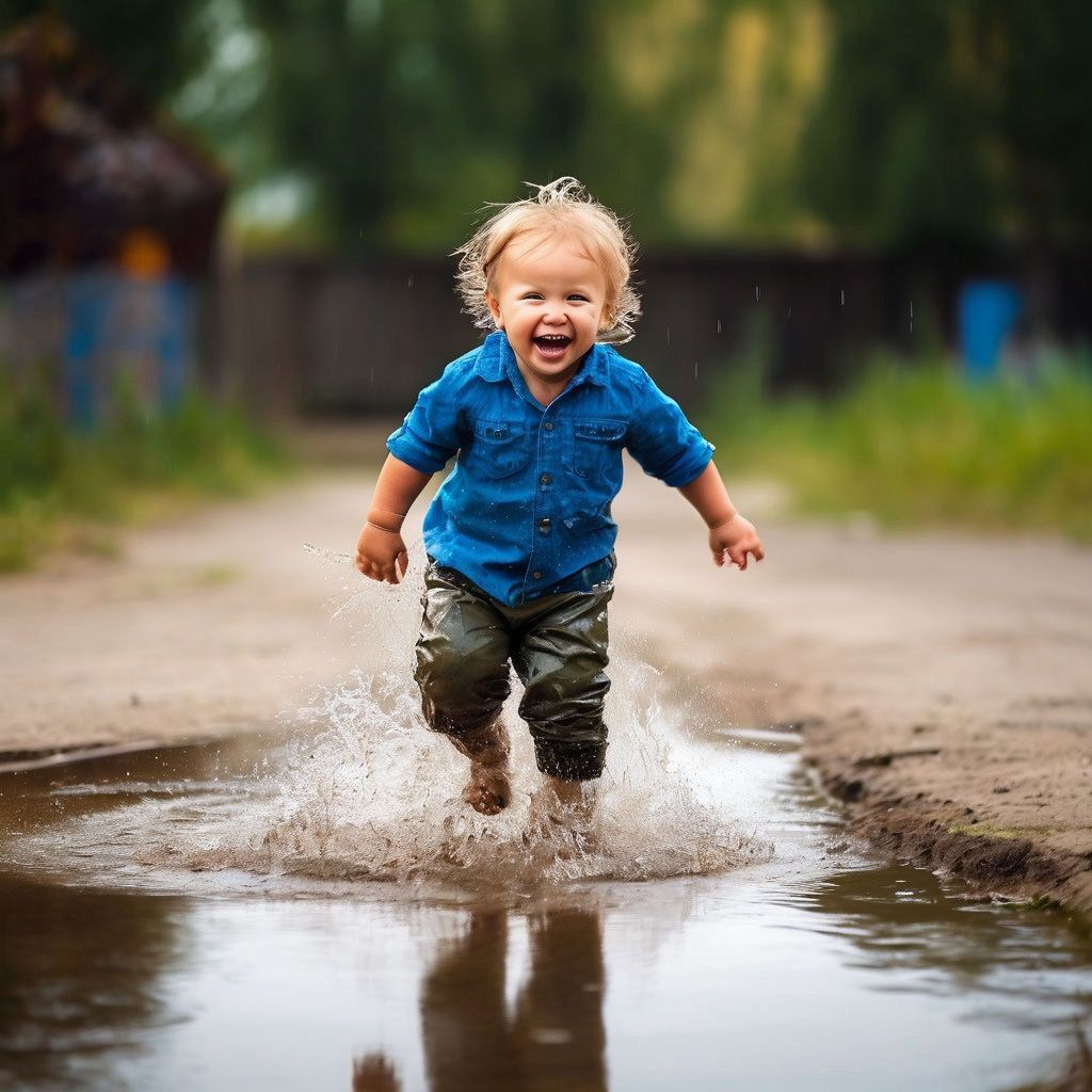 A boy runs through puddles