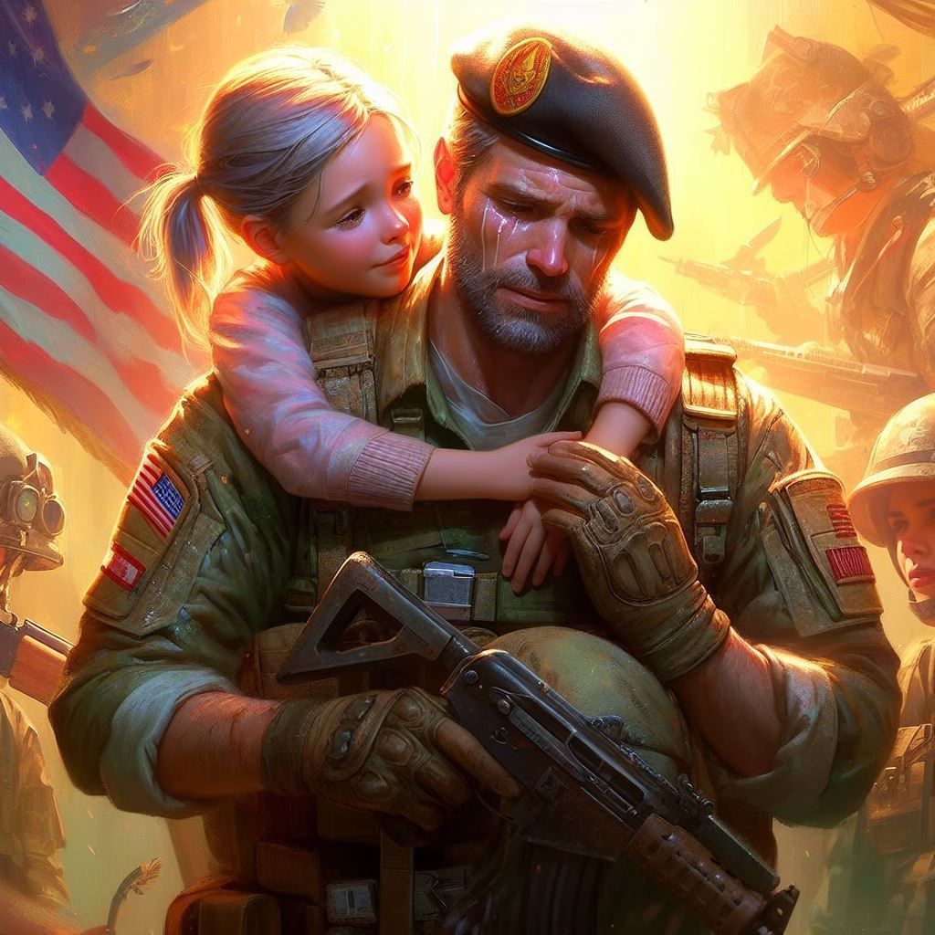 Soldier Prepared for war Leaving His Little Daughter