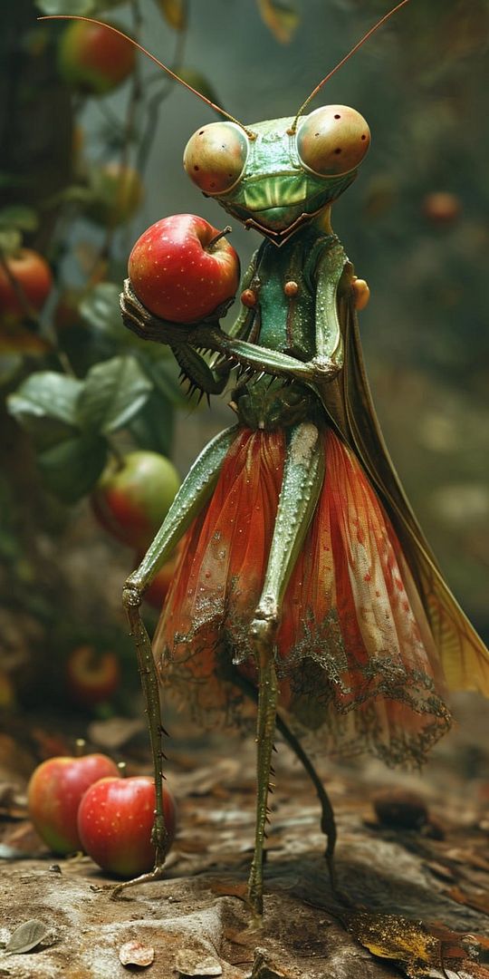 A mantis-women in apples dancing ballet in a ballet skirt onstage,full length with legs,front of the camera,the camera close-up,octane 3d rendering vibrant details, 70mm