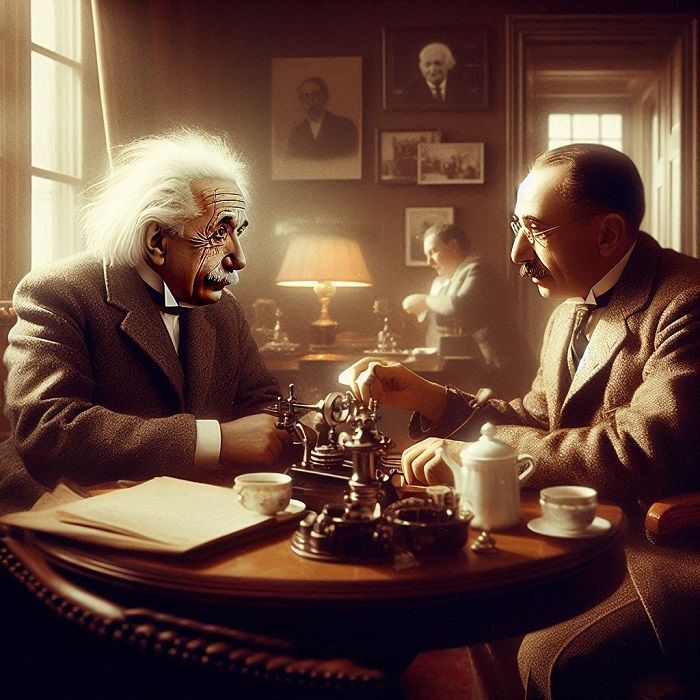 Albert Einstein meeting Mr. Oppenheimer