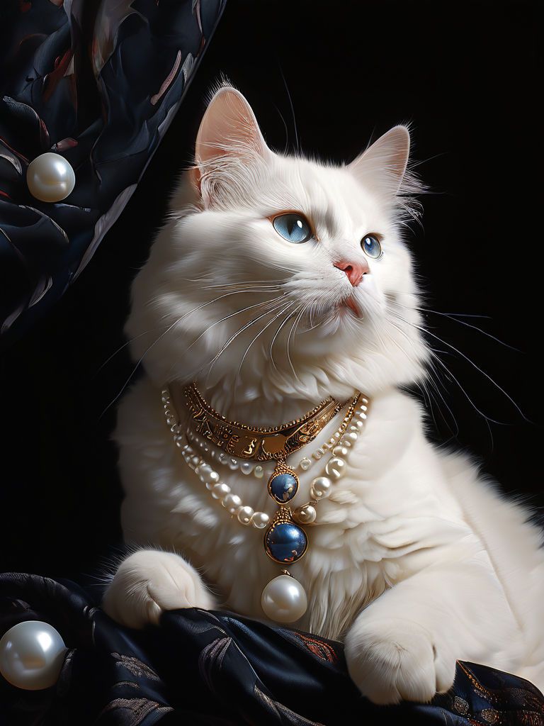 a white cat with a pearl necklace