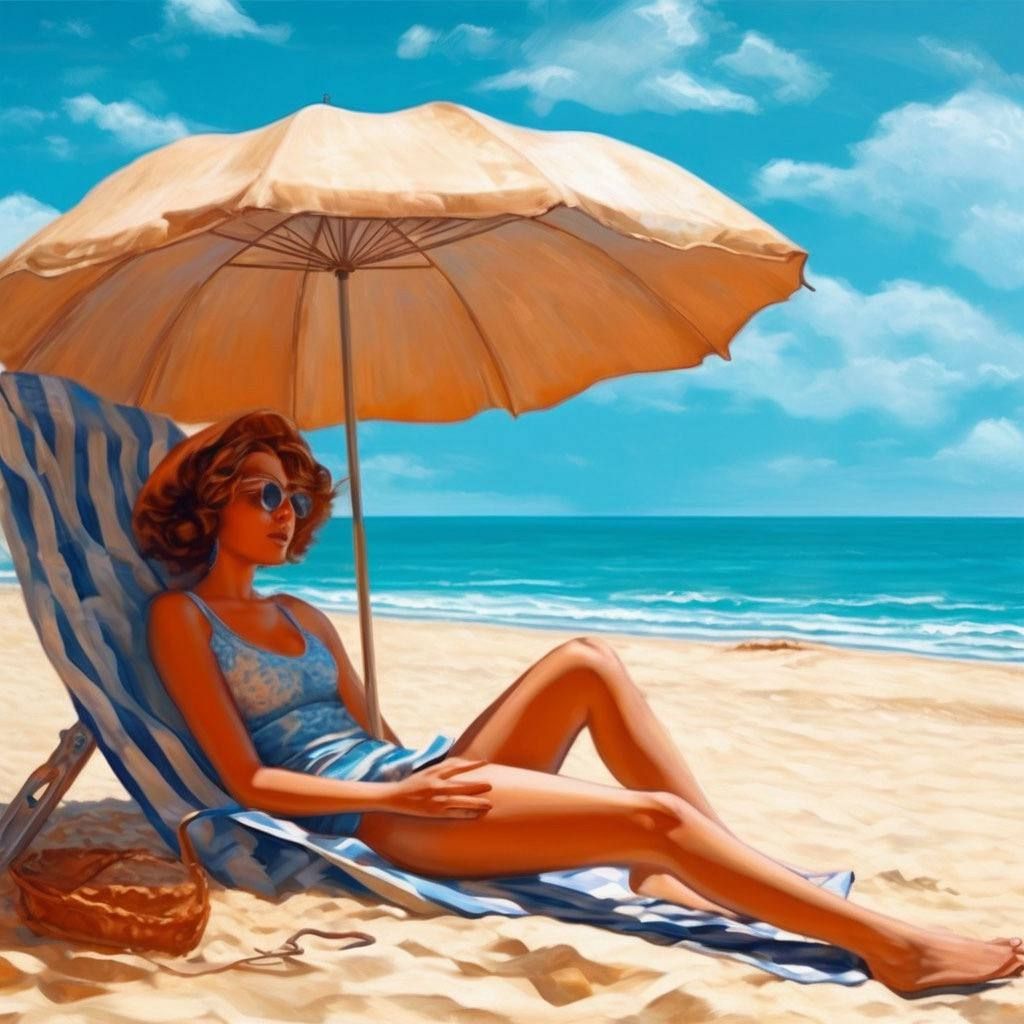 A girl is relaxing under umbrella