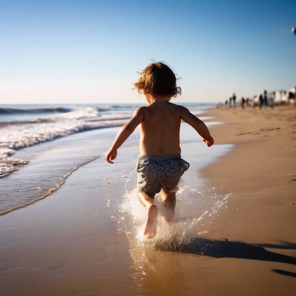 A baby runs along the shore