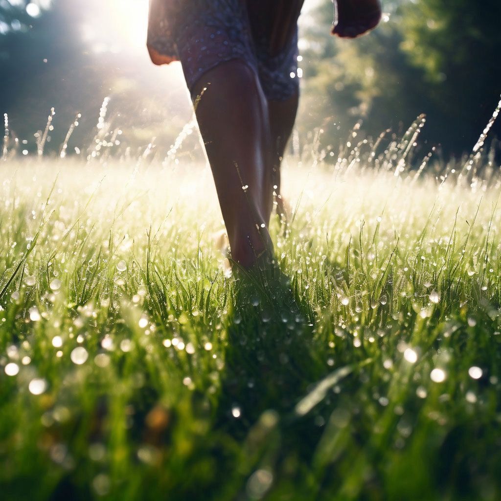 Girl running through wet grass