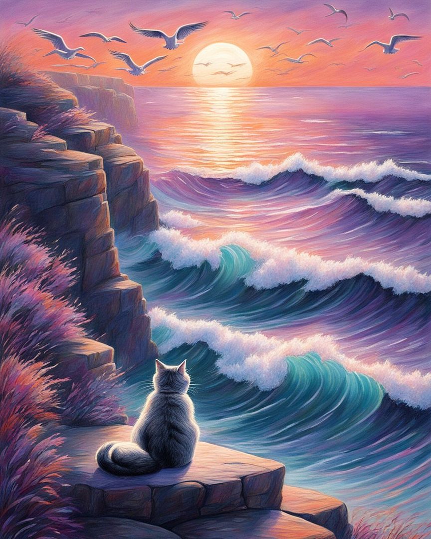 a cat meditating on a sea cliff