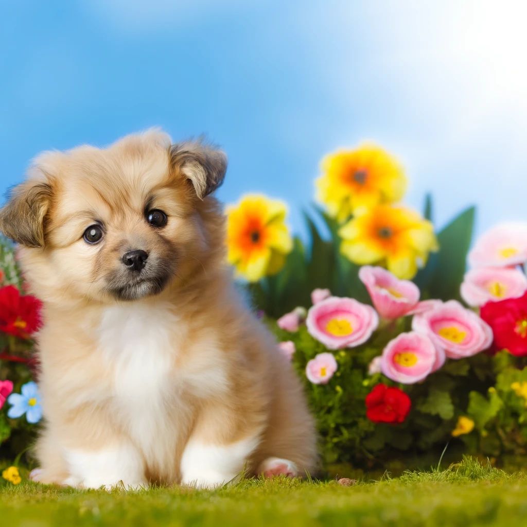 DALL·E-2024-04-21-23.22.08-A-cute-puppy-sitting-in-a-sunlit-garden_-surrounded-by-colorful-flowers