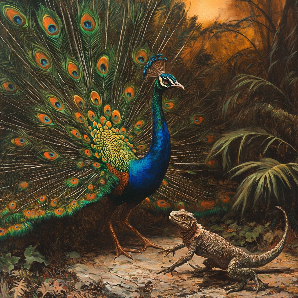 Peacock and lizard