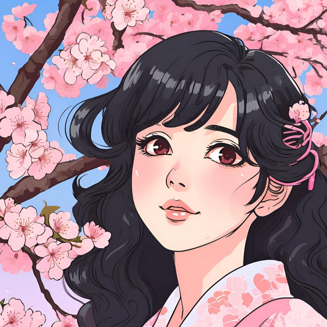 Cherry blossoms and a girl in kimono