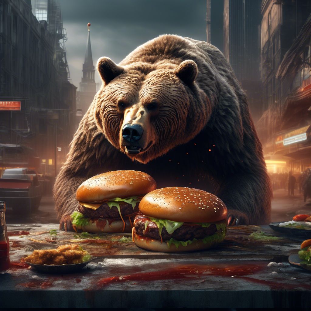 Russian bear eats burger