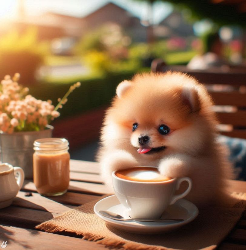 Baby Pomeranian Drinking Coffee