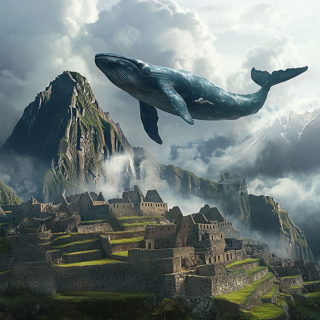 Whale flying over Machu Picchu ruins