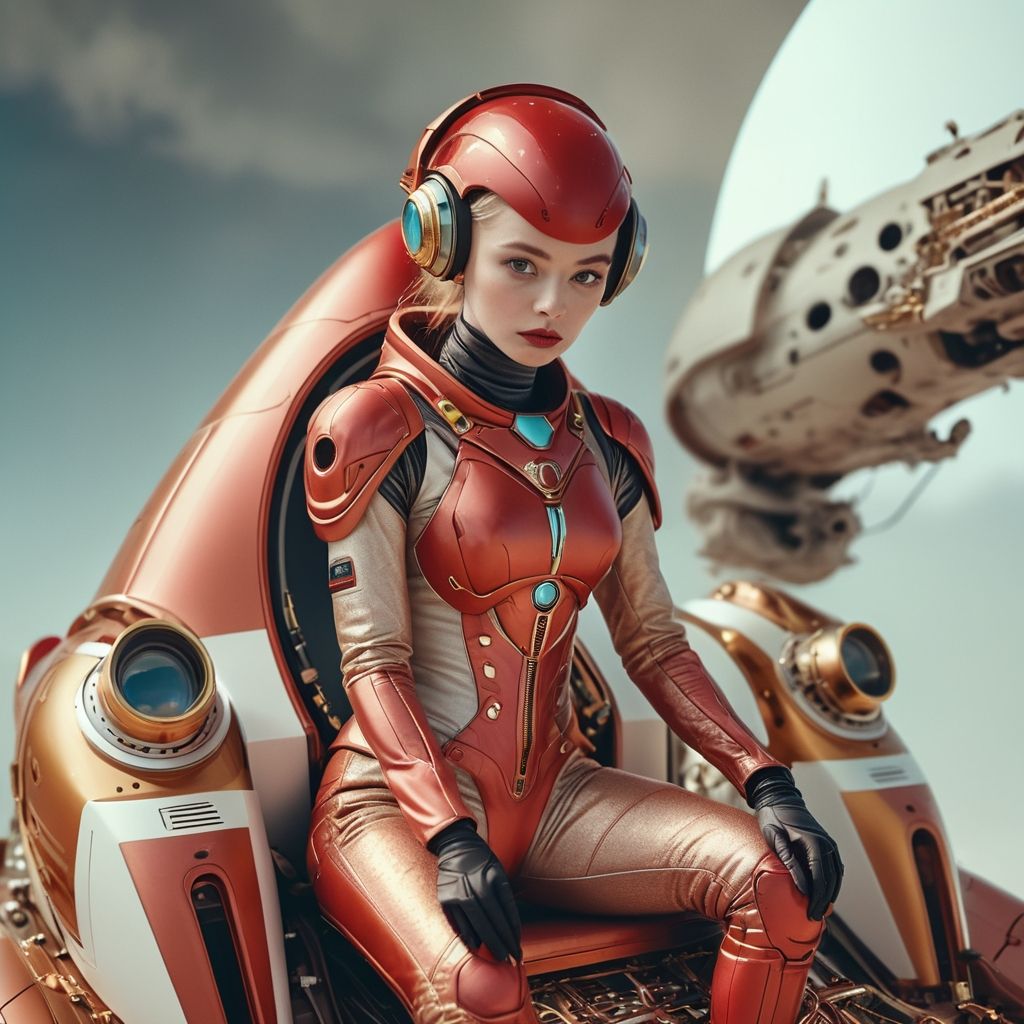 glamour alien in red costum sit on the rocket ai