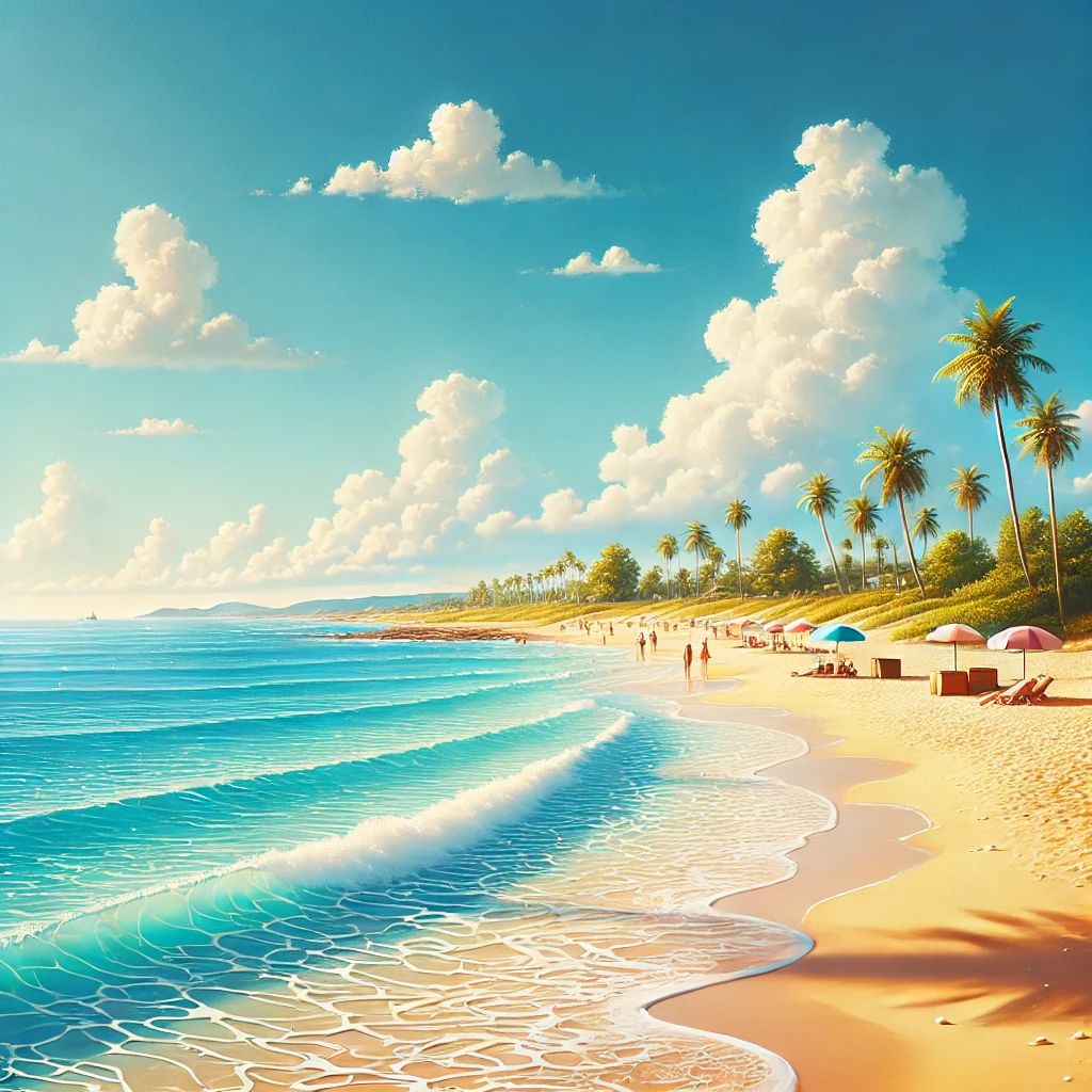 A peaceful beach with soft golden sand, gentle waves, clear turquoise water, and palm trees lining the shore