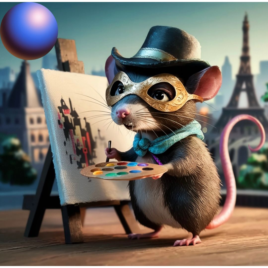 A charming and creative scene of a rat donning a Zorro mask, holding a palette and brush, and wearing a chic Parisian hat. The rat is standing in front of a miniature canvas, with a cityscape of Paris in the background. A sense of artistic inspiration and mischief fills the atmosphere, as the rat is ready to paint the town in a daring and elegant manner.