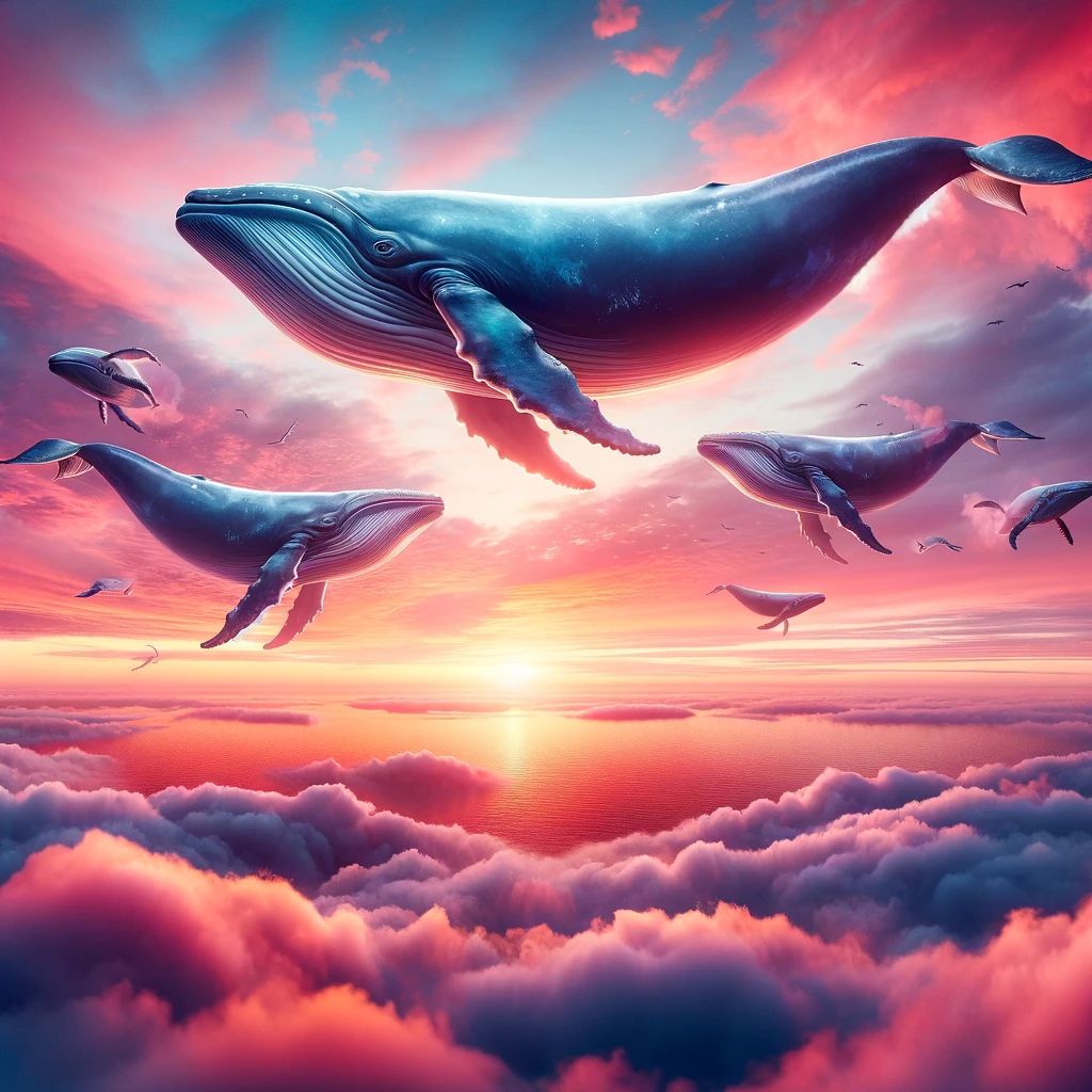 Flying whales in the pink sky