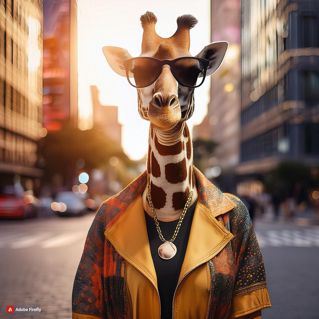 Firefly Giraffe in rapper dress with sun glasses in street long shot