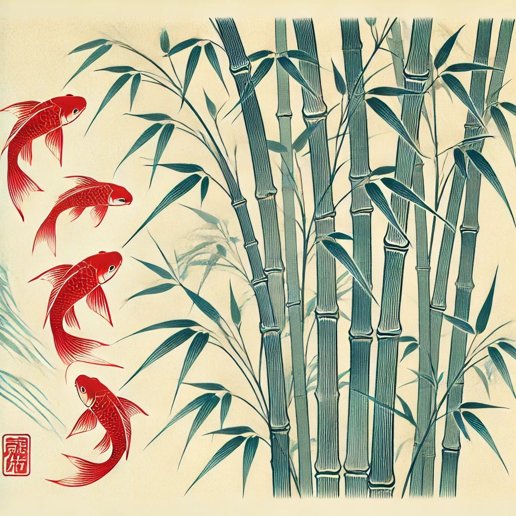  Bamboo stalks and vibrant red fish