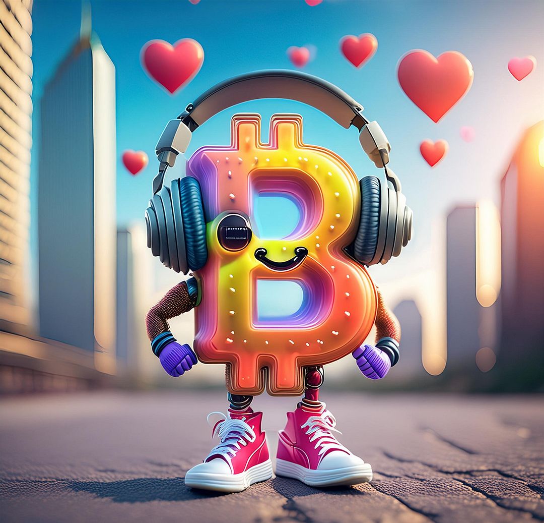 A Bitcoin crypto colorful cute little B-shaped creature with sweet eyes