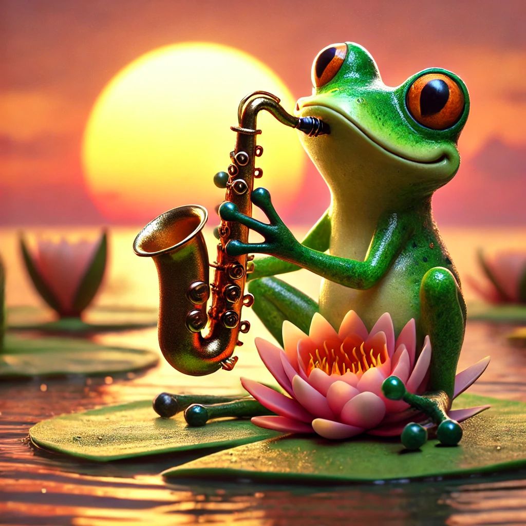 43. A funny scene of a frog playing the saxophone on a lily pad at sunset