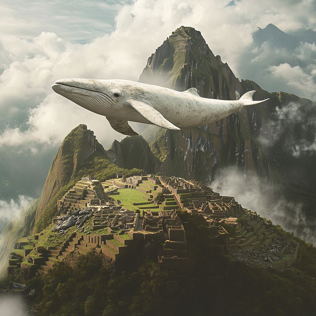 Moby Dick flying over Machu Picchu ruins