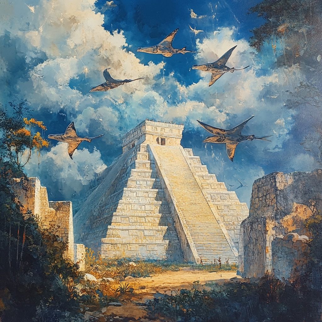 Manta flying over Chichen Itza ruins