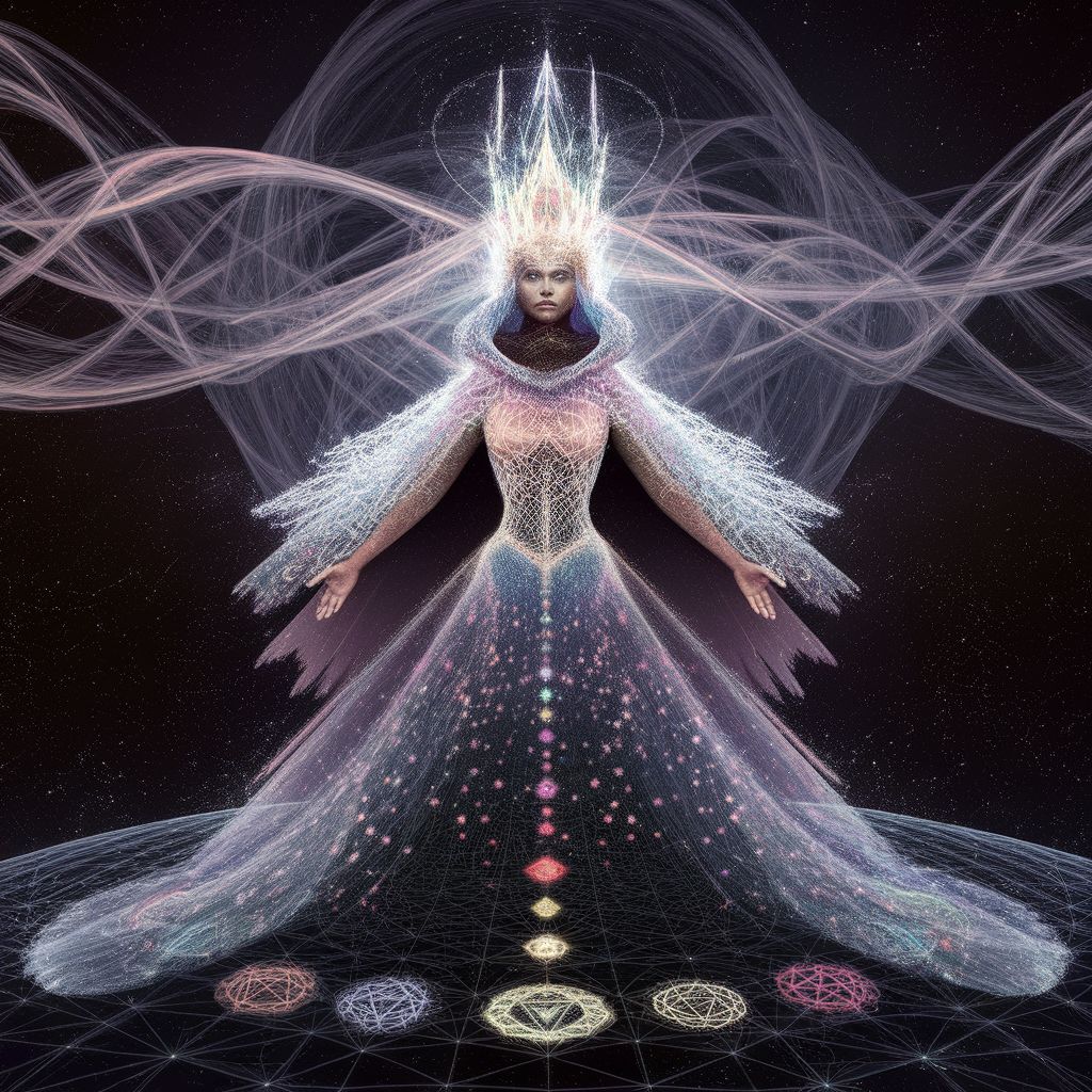 Mystical female figure in a quantum realm.