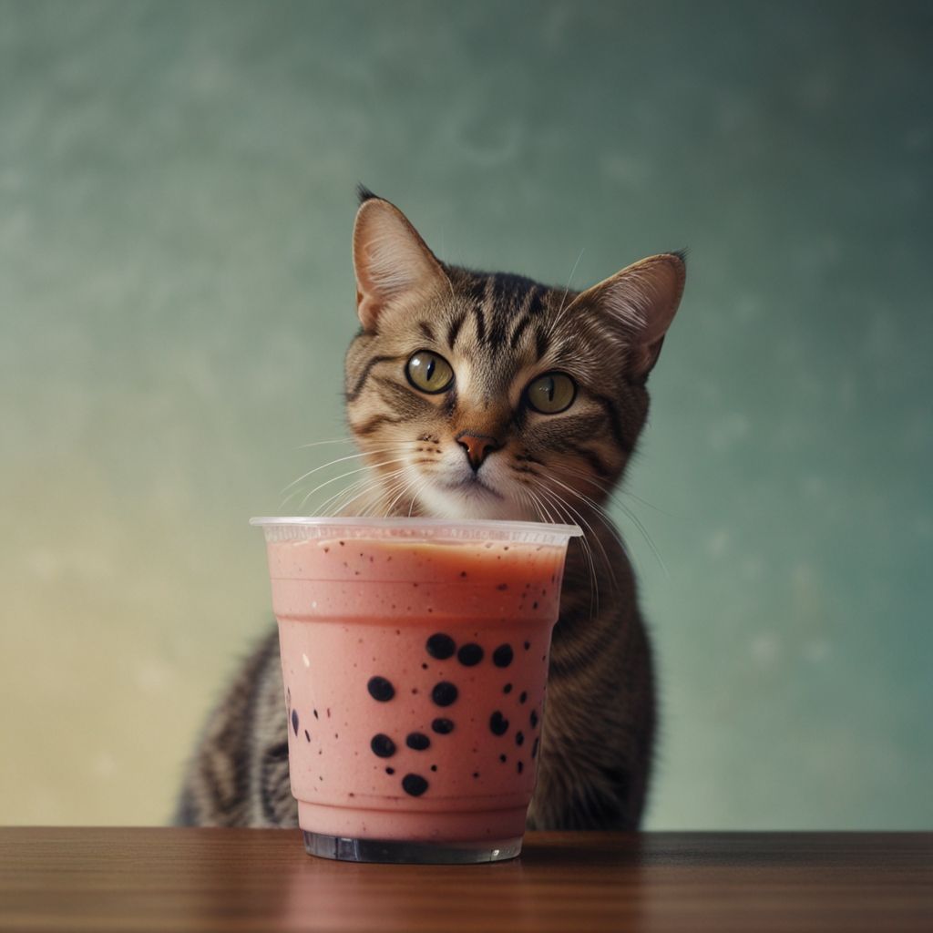 cat and pink bubble tea