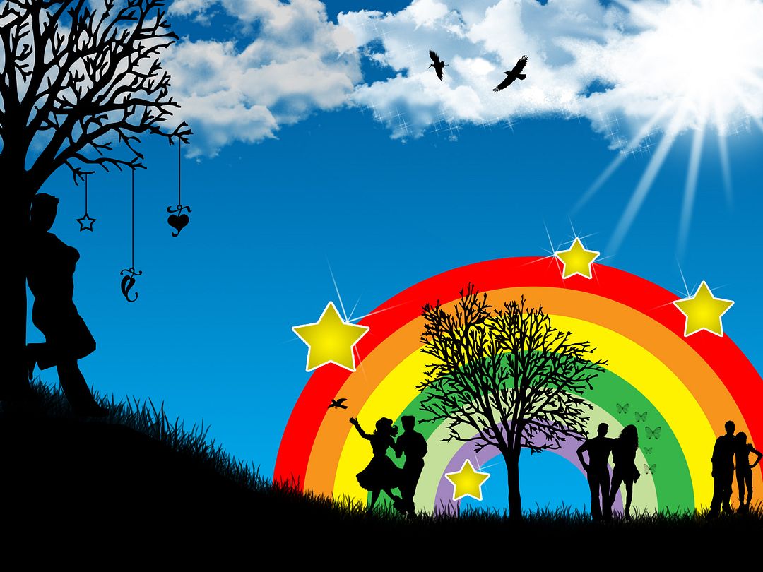 The image shows a scene with people, swings and a rainbow against a blue sky background.  The Rainbow of Love is a book by Margaret Way in the genre of short romance novels.   Abstract: his bride, a charming and obstinate city girl, comes to her fiance in the richest cattle breeding estate in the depths of Australia. Here she meets her fiance's half-brother, the owner of the estate, a strong and domineering man. A love triangle is formed, or rather even a square, because the ex-fiance is also loved.