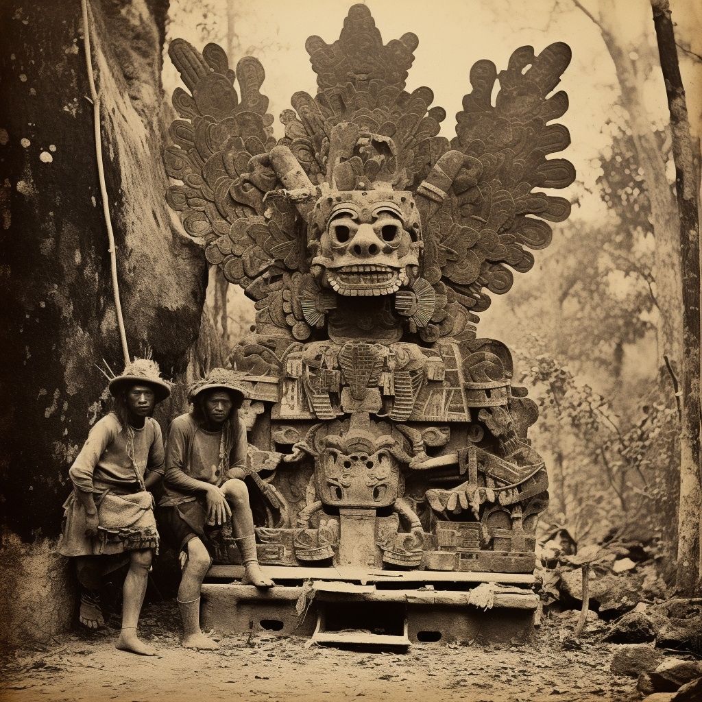 Grandpa and friend when they discovered a giant Quetzalcoatl Sculpture