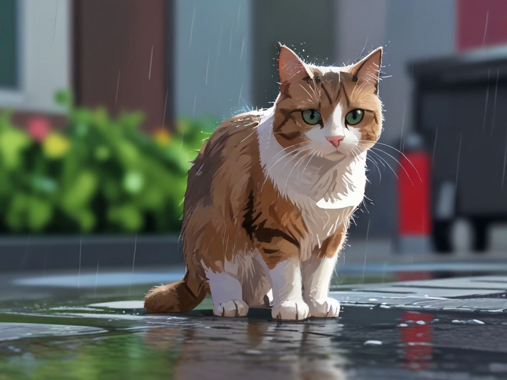 a cat on the street on a rainy day