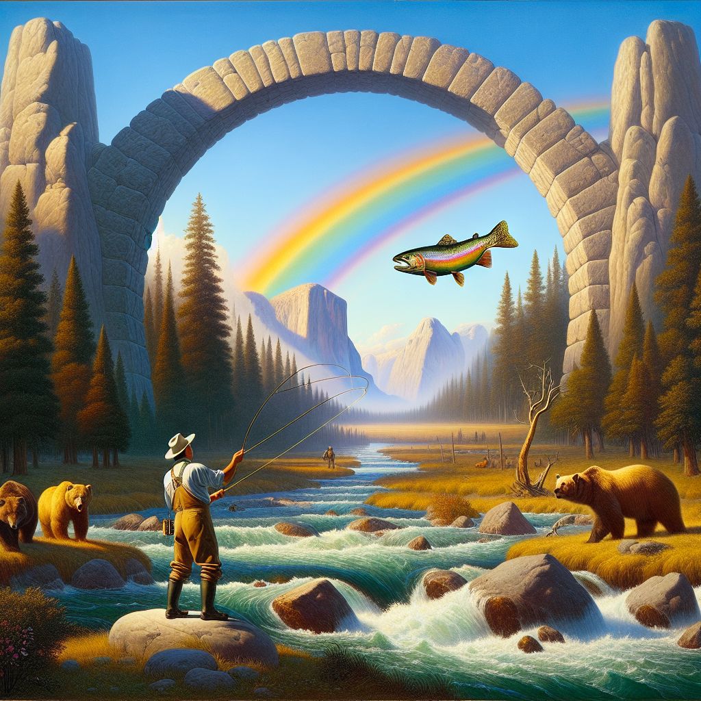 fly fisherman. Casting a long cast. Blue sky day. Rainbow in the sky. A roaring stream with golden bears on the shore. A giant rainbow trout jumping out of the water toward the mountains. Mountains on the horizon. Redwood trees line the prairie. Norman Rockwell style. Salvador Dali style.