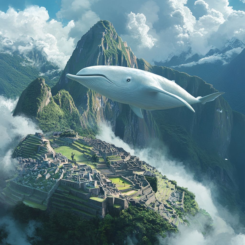 Moby Dick flying over Machu Picchu ruins