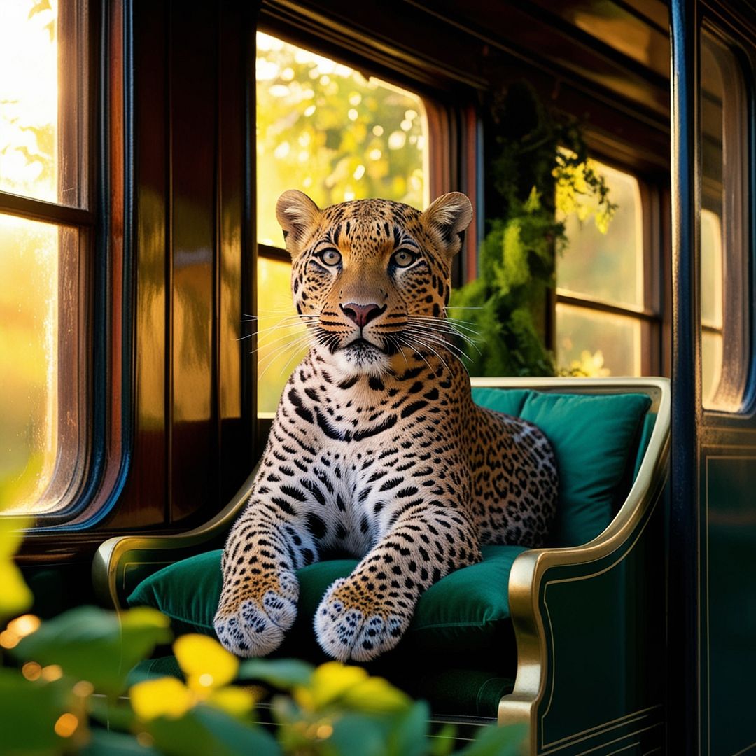 leopard sitting regally in a vintage train