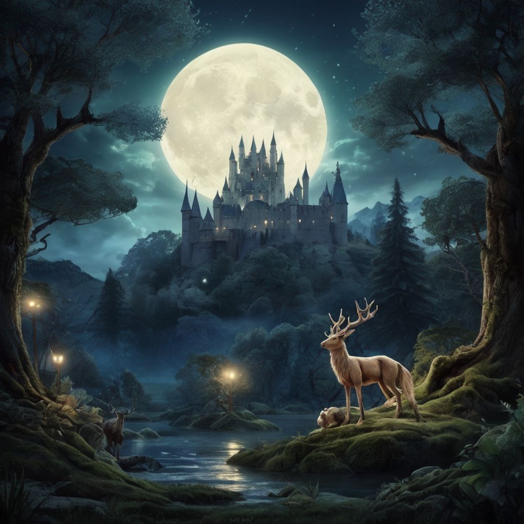 deer in the mystical forest in front of the moon