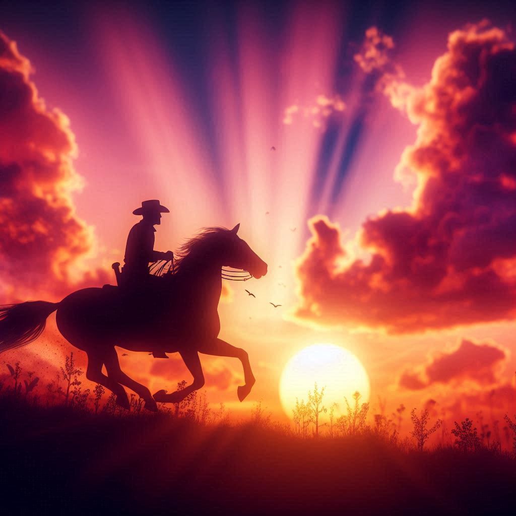 Cowboy riding into the sunset