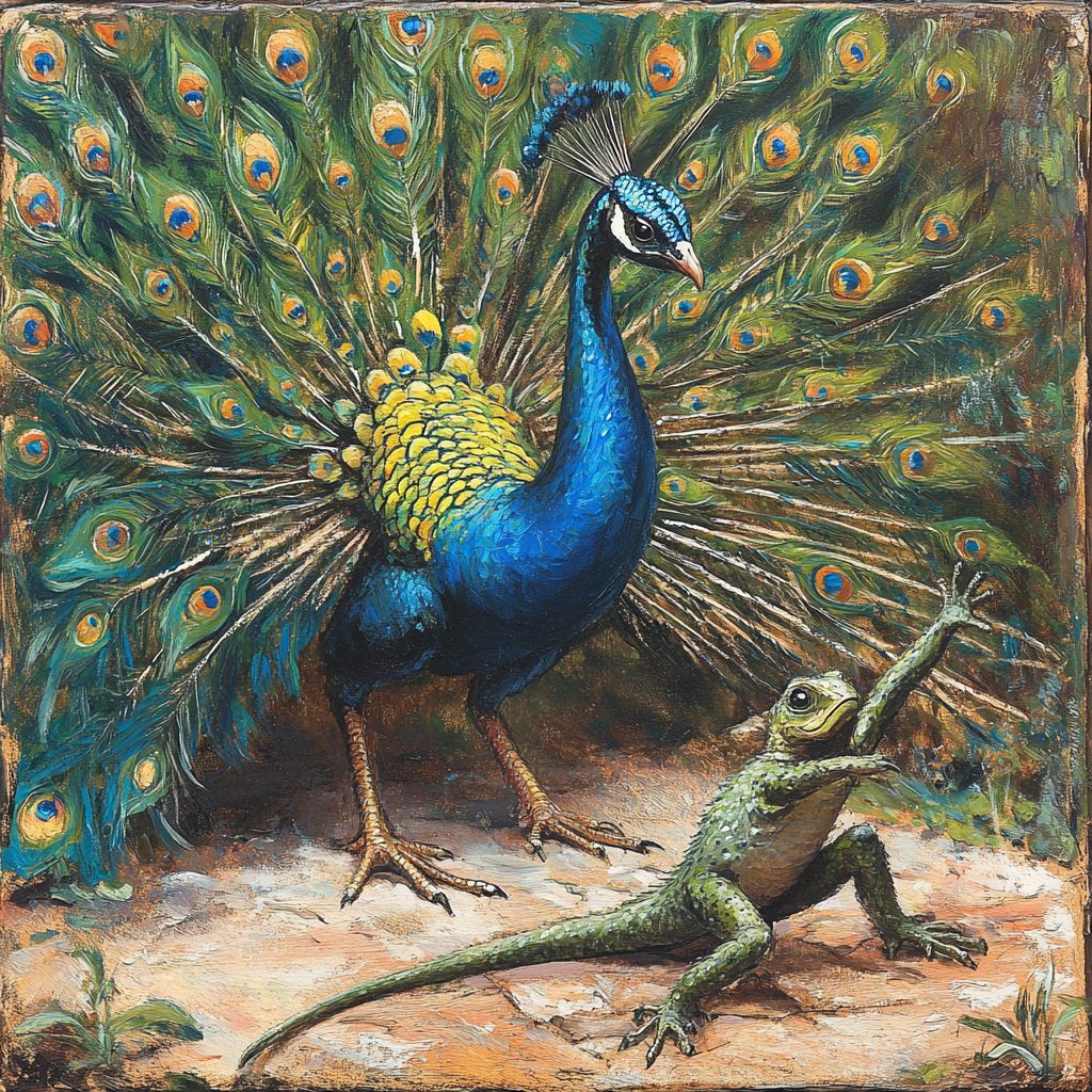 Peacock and lizard