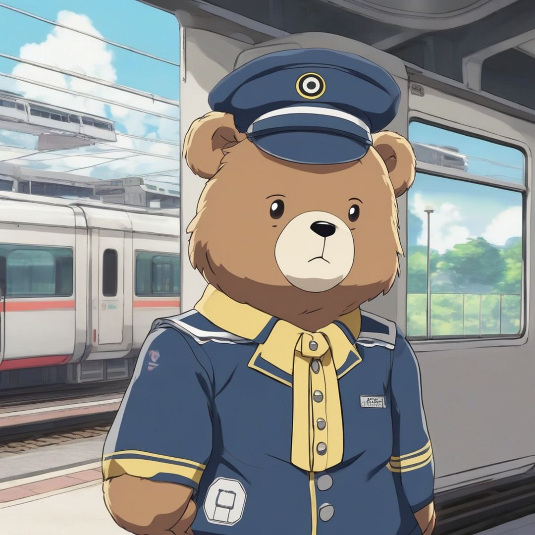 bear wearing a station employee's uniform